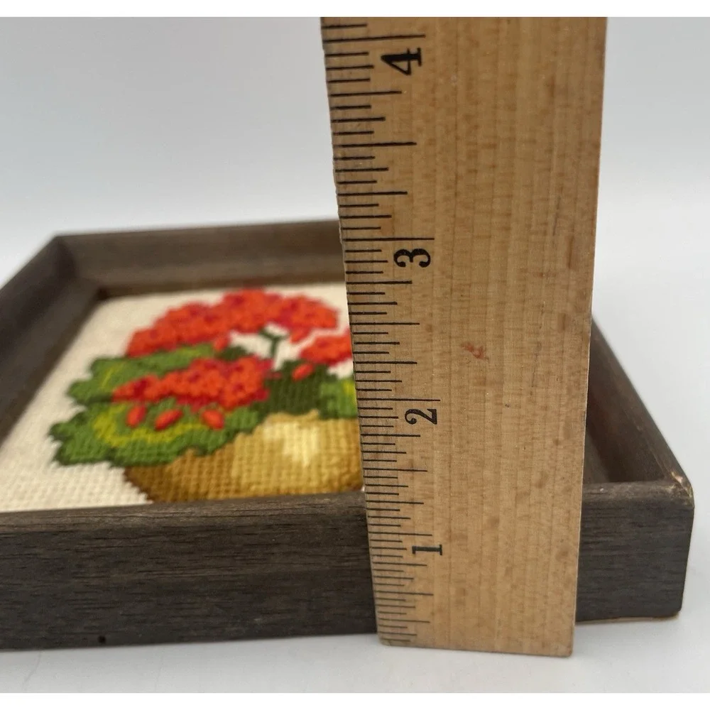 Vtg Floral Crewel Embroidery Framed Wall Art 6 x 6 Cottagecore Red Geraniums MCM